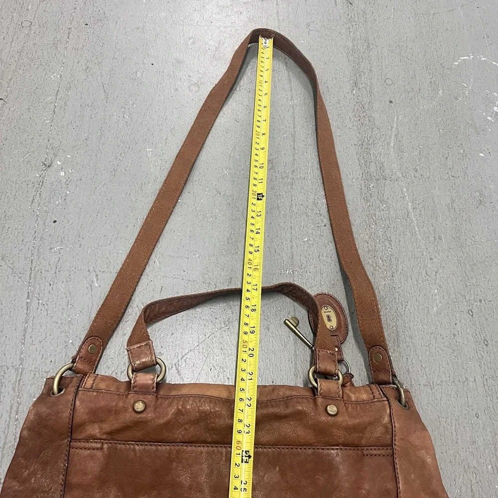 Fossil Leather Satchel Crossbody Bag Cognac Brown Brass Turnlock Key Charm Purse